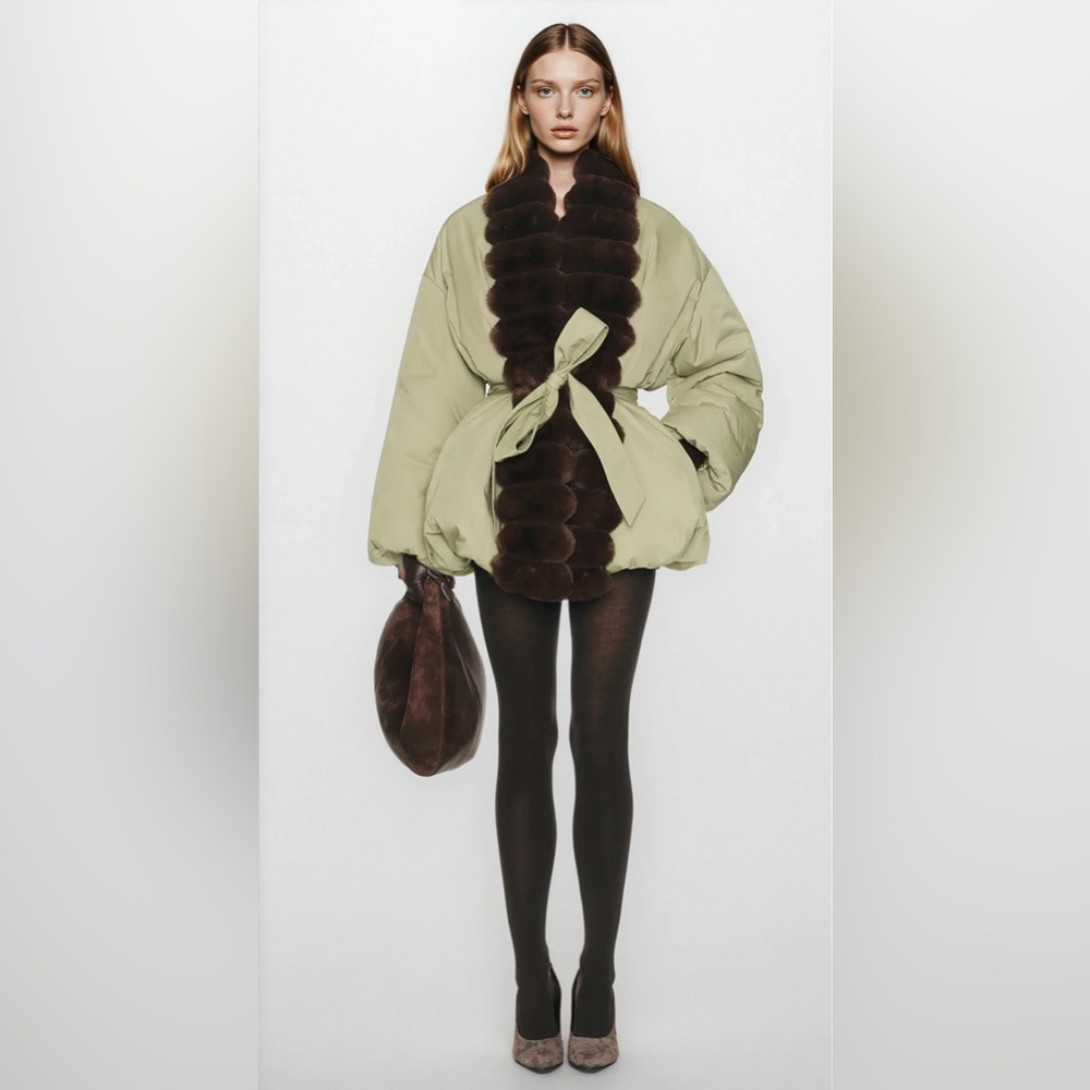 Sage Green Quilted Jacket with Brown Faux Fur Trim like helsa - Picture 1 of 8